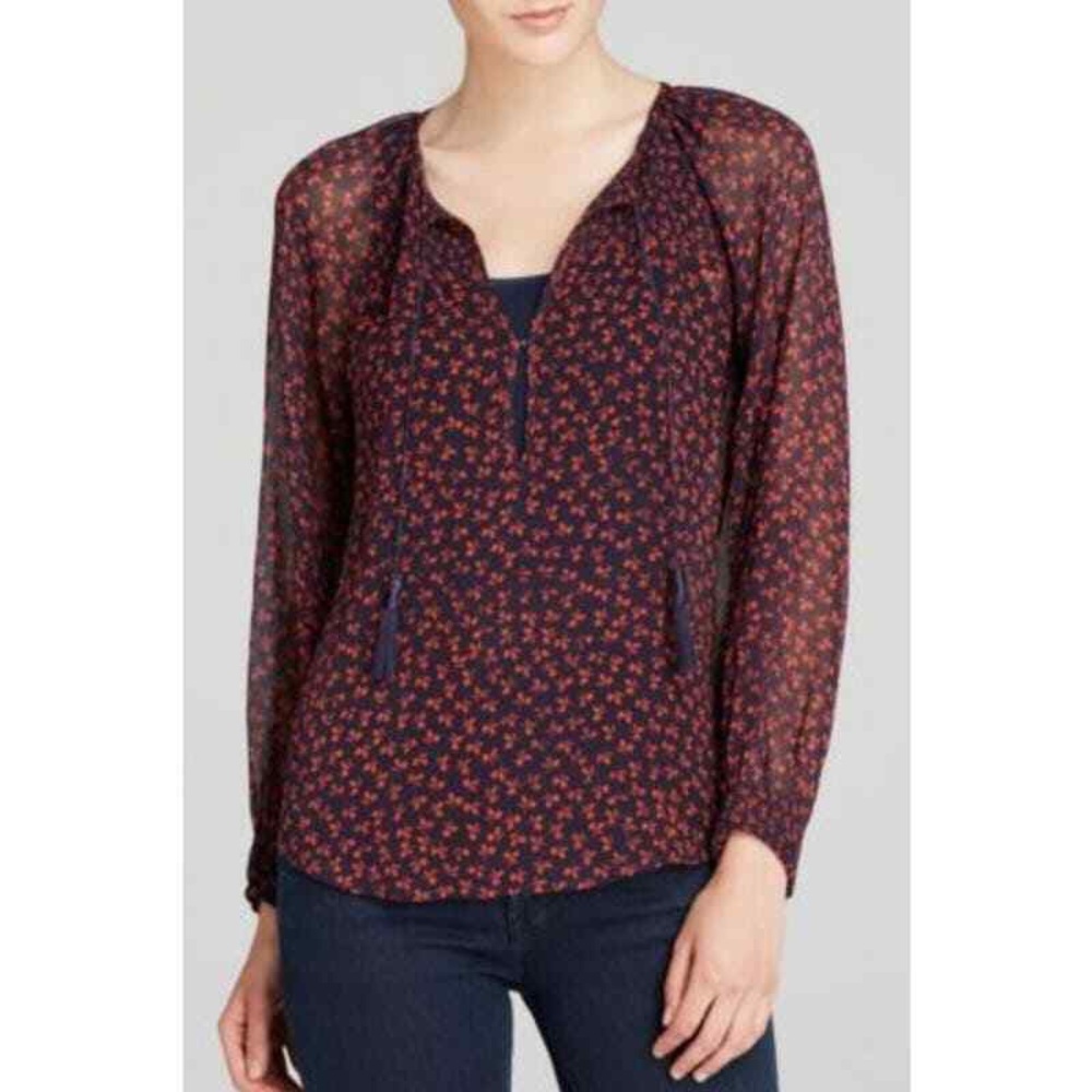 Joie Vivette Leaf Blouse Floral Sheer Silk Tassels Tie
Front Navy Rust